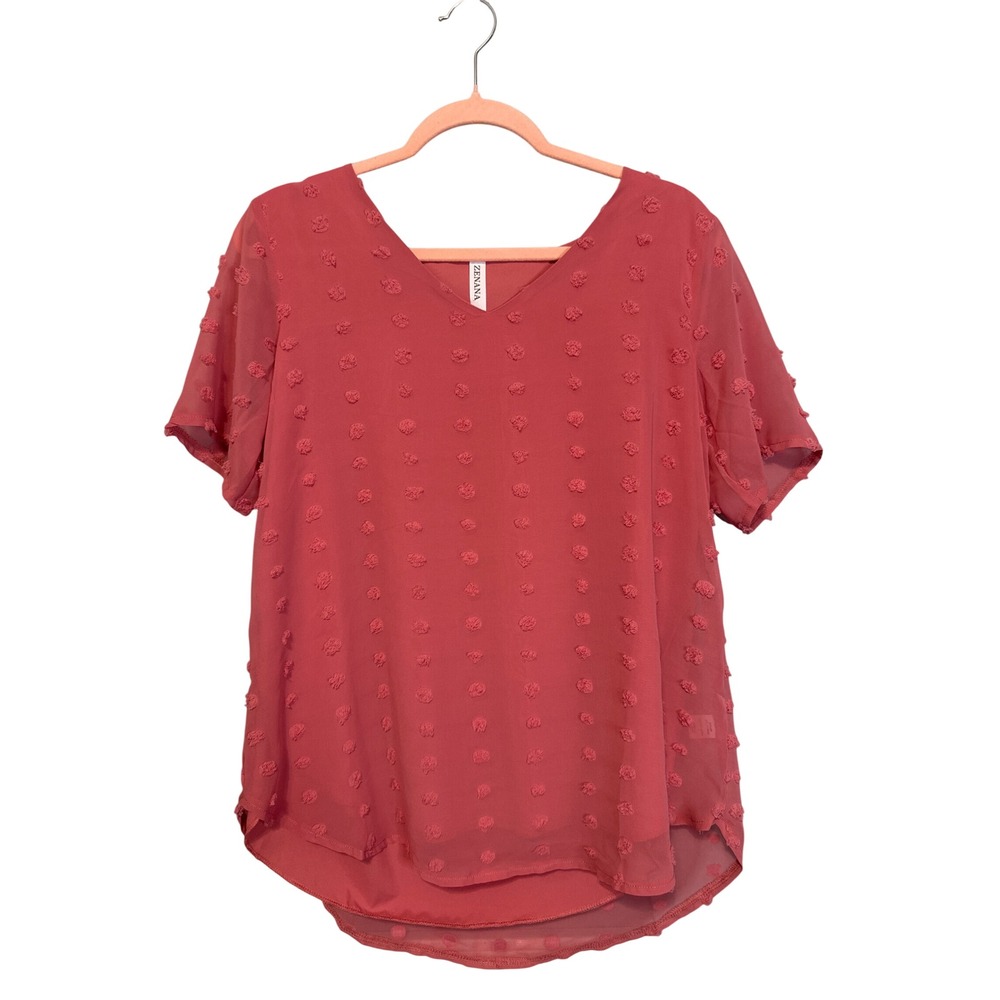 Zenana Blouse Womens Small Pink Excellent Swiss Dot V-Neck Short Sleeve Top